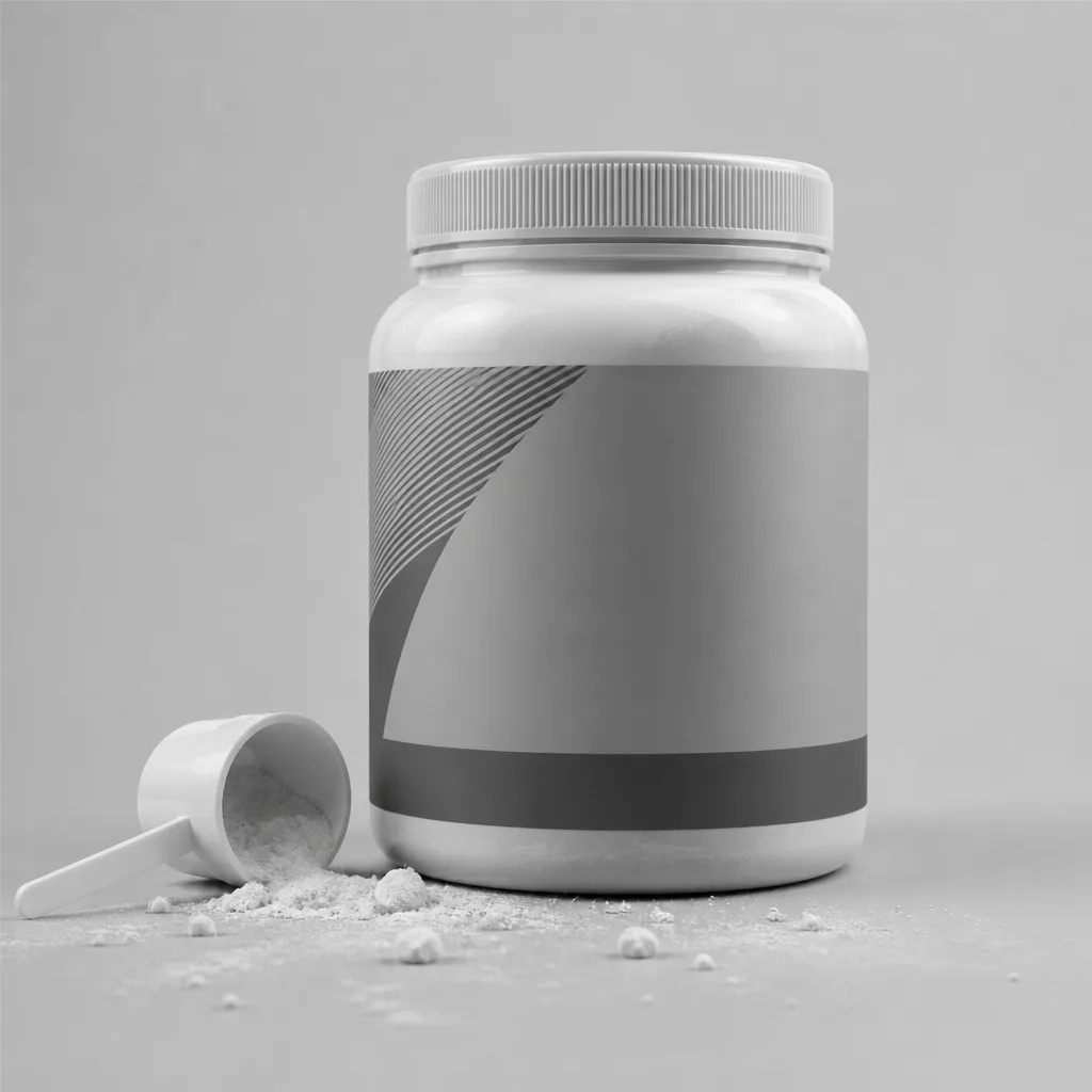 A generic pre-workout tub in flat grey light, powder spilled beside its scoop