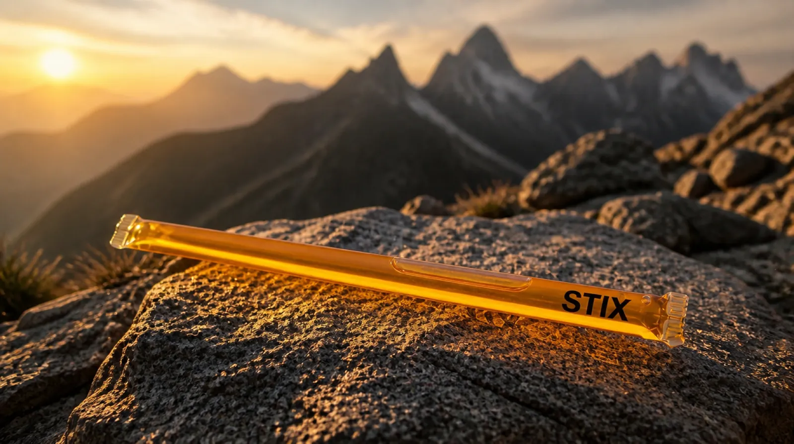 A sealed Stix honey straw on granite at sunrise on a mountain trail