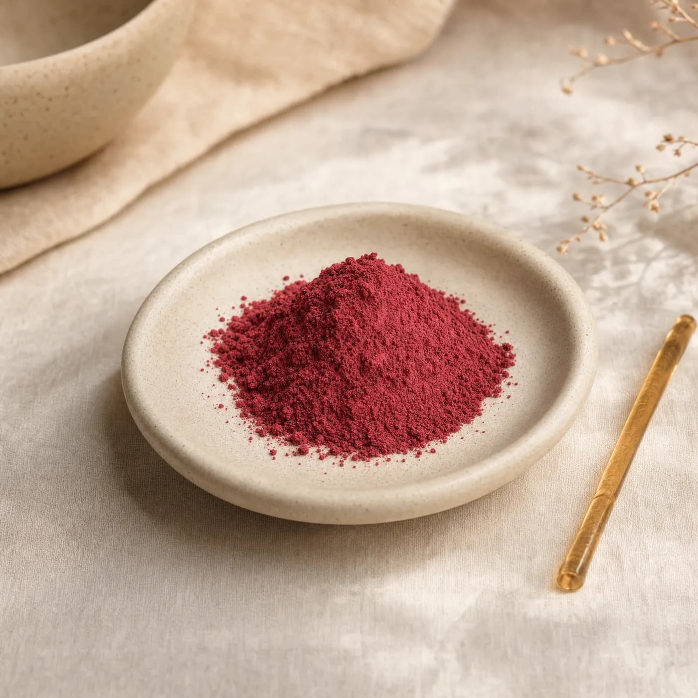 A dish of rose-red vitamin B12 powder beside a Stix honey straw