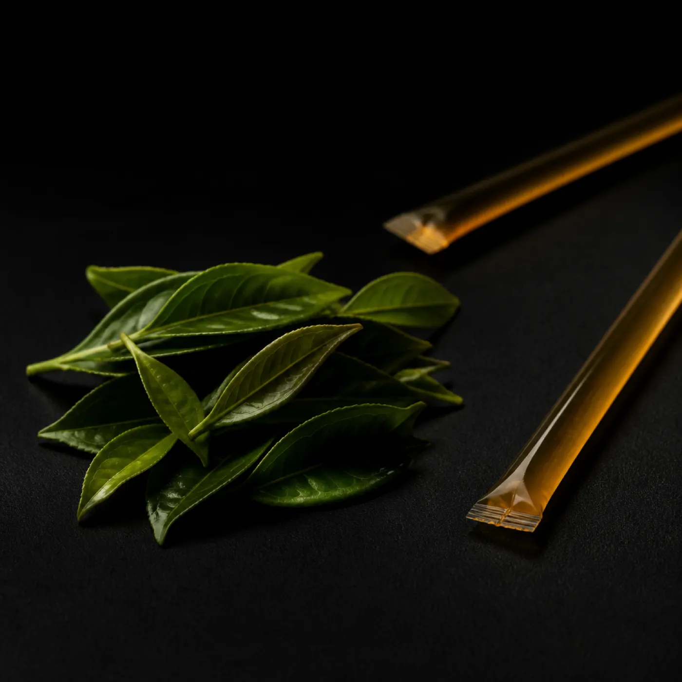 Fresh green tea leaves on a black surface