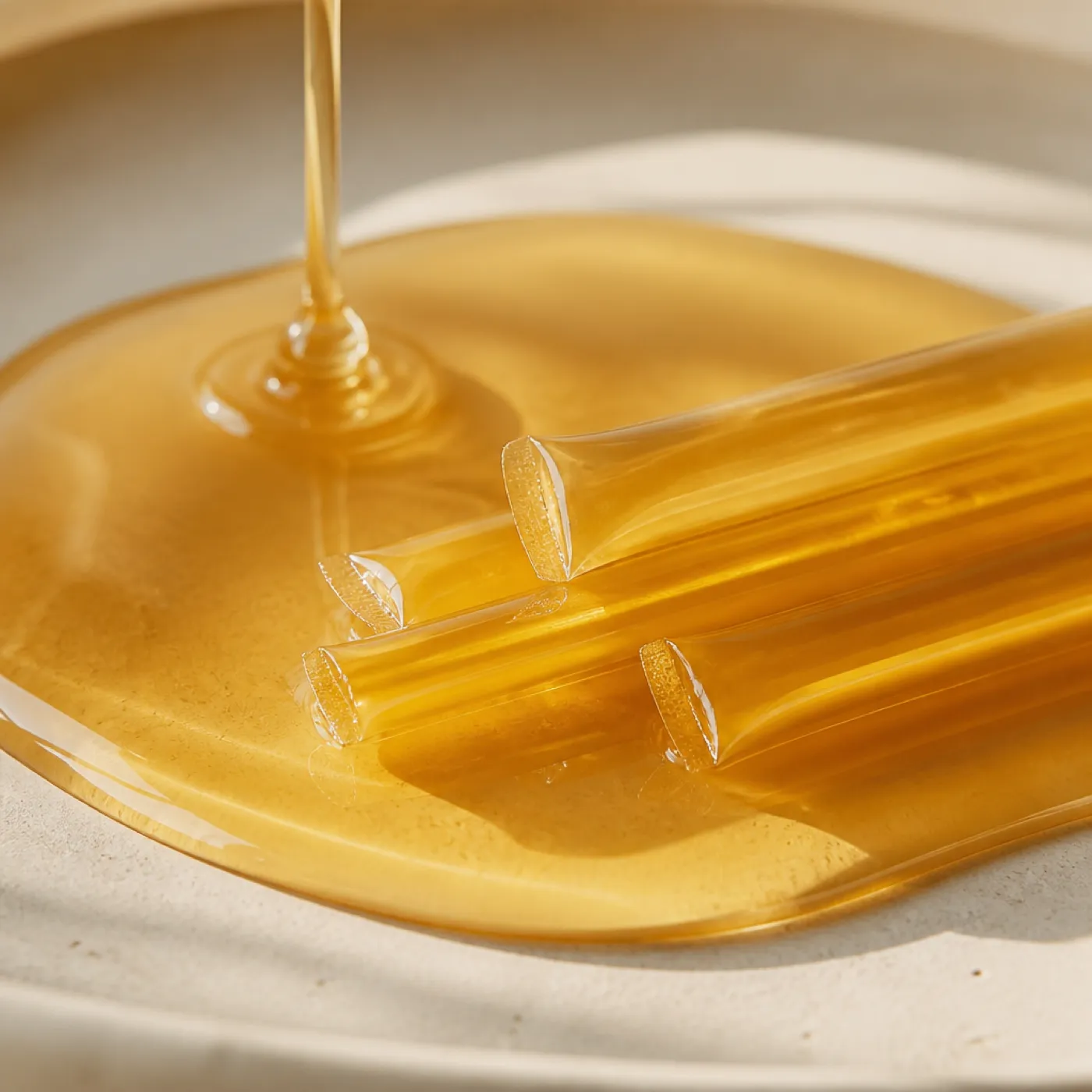 Raw golden clover honey dripping on a bone surface