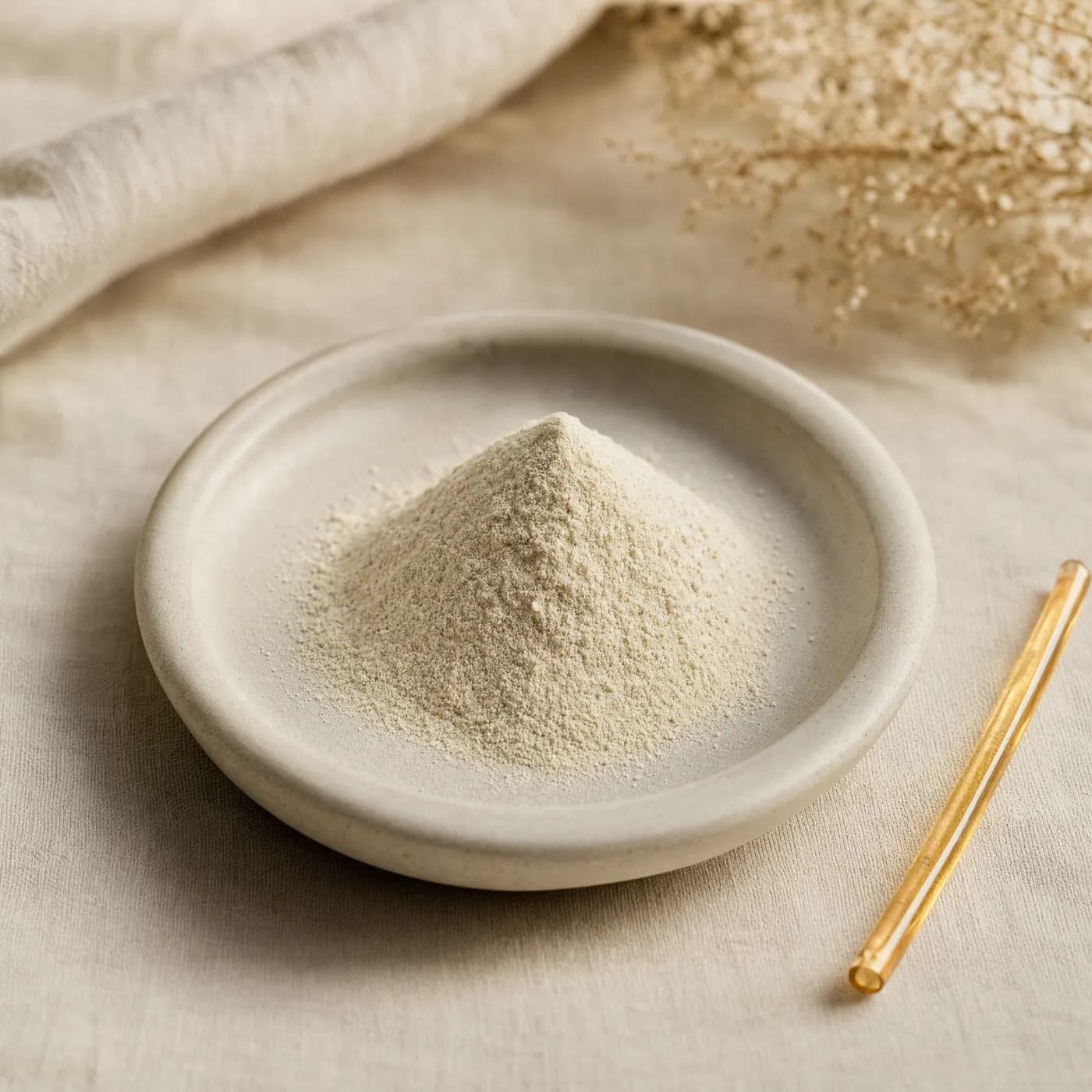 A dish of fine pale L-theanine powder beside a Stix honey straw